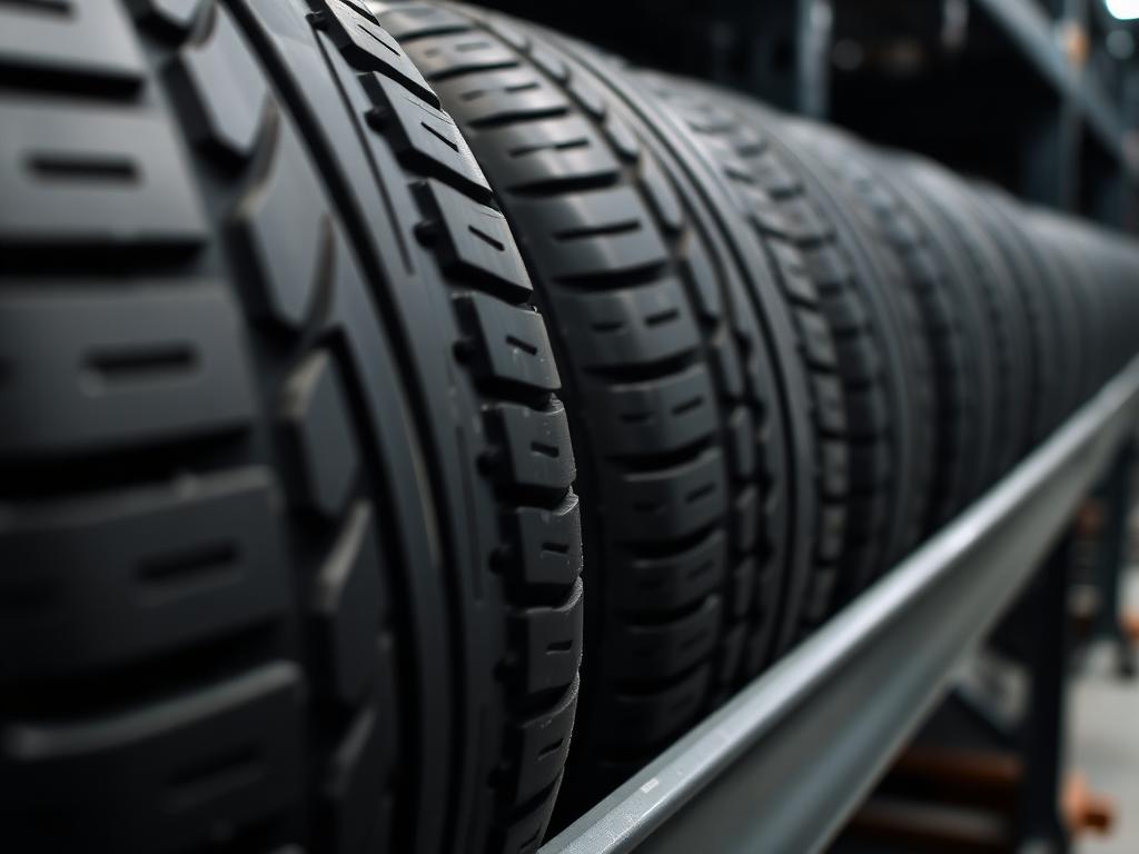 New car tyres racked up ready to fit at Uncle Sam Tyres in Braintree