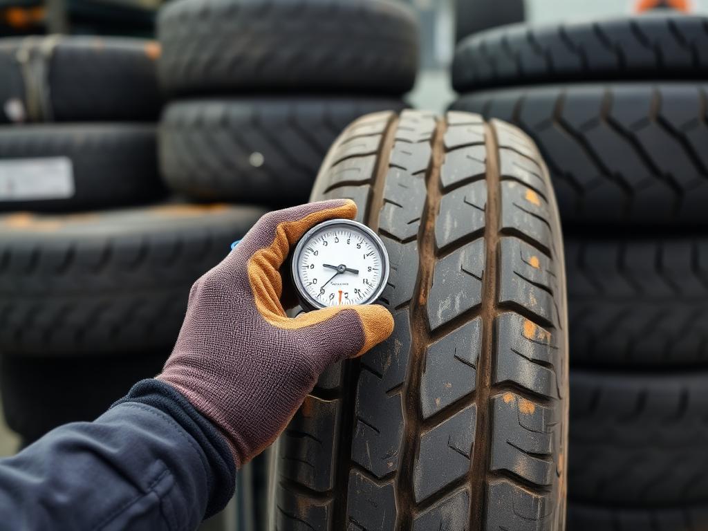 Tread depth gauge being used to check a part worn tyre in Braintree