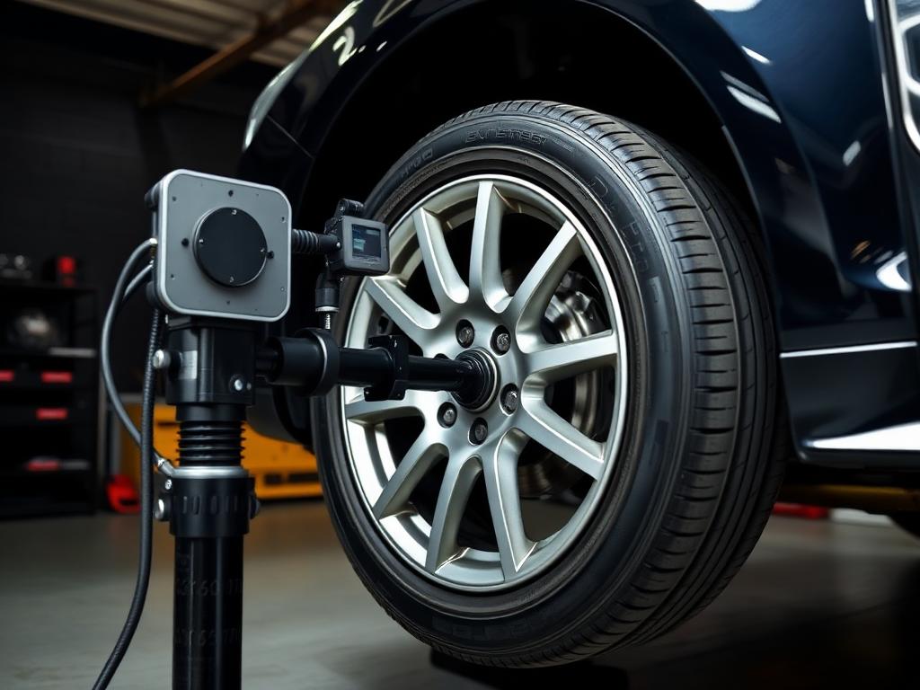 Wheel alignment rig set up on a front wheel for tracking in Braintree